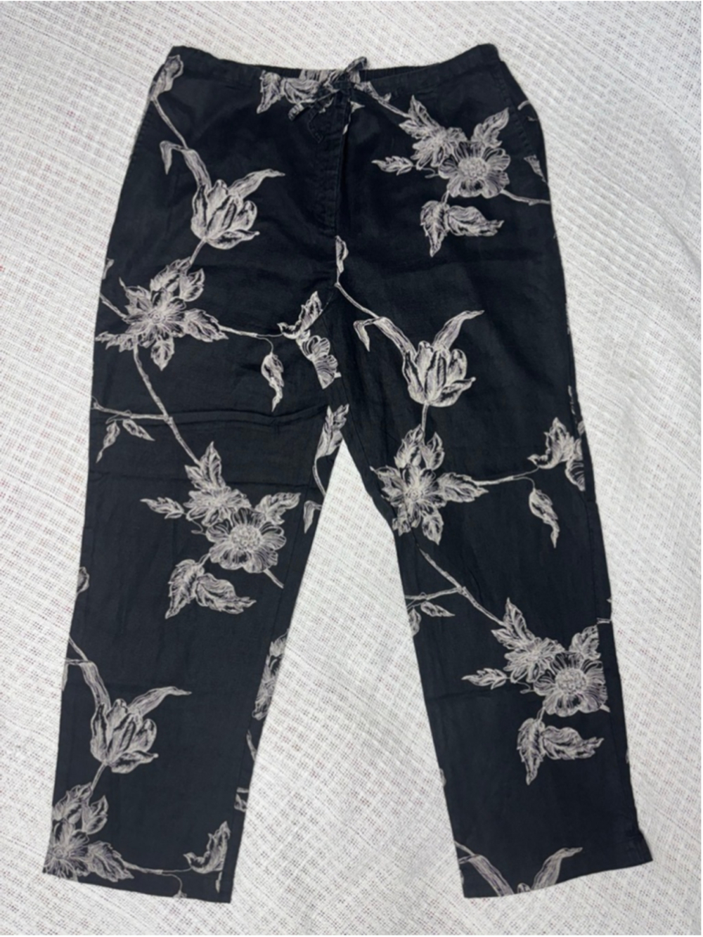 Dialogue 100% Linen Black & Cream Floral Relaxed Breatheable Pants Size 10 GUC - Picture 1 of 7